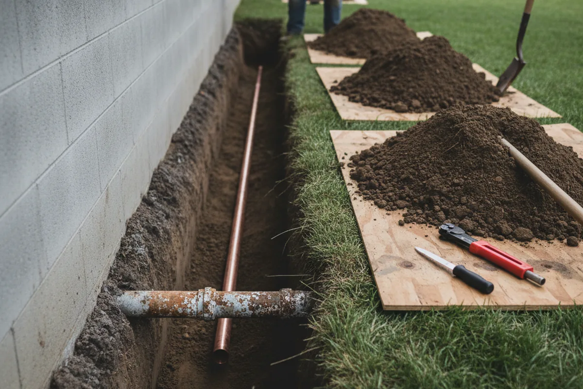 Excavated water line trench during Water Heater Repair in Corte Madera